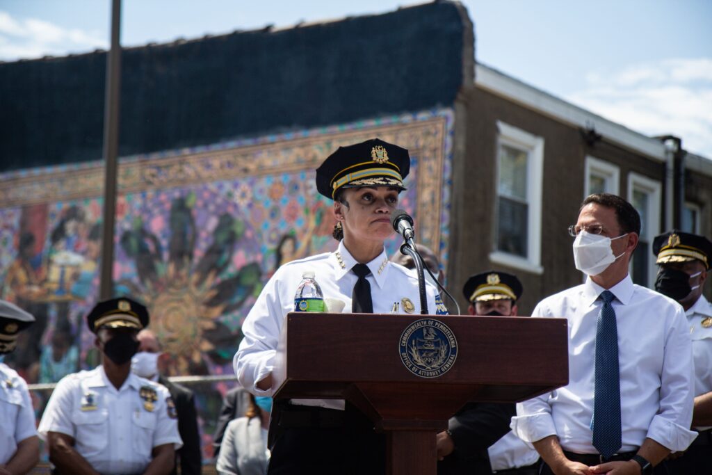 Image from iOS (143) Philadelphia Police Commissioner Danielle Outlaw offered accolades to officers and officials involved in the 5th raid of the Kensington Initiative at a press conference announcing results Monday. (Kimberly Paynter/WHYY)