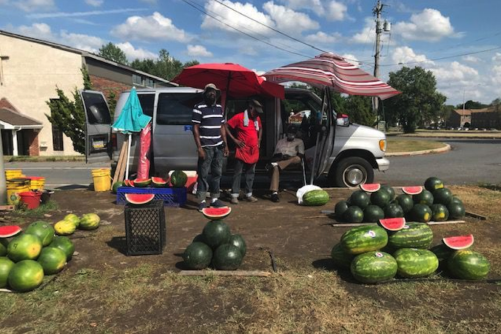Screen Shot 2020-08-07 at 11.54.03 AM The watermelon stand is on the corner of 83rd and Lindbergh Boulevard, across from St. Paul’s AME Church. (Chantale Belefanti)