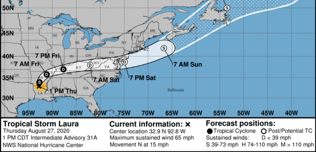 Screen Shot 2020-08-27 at 4.15.18 PM The National Hurricane Center forecast for Tropical Storm Laura, valid early Thursday afternoon. (Screenshot)