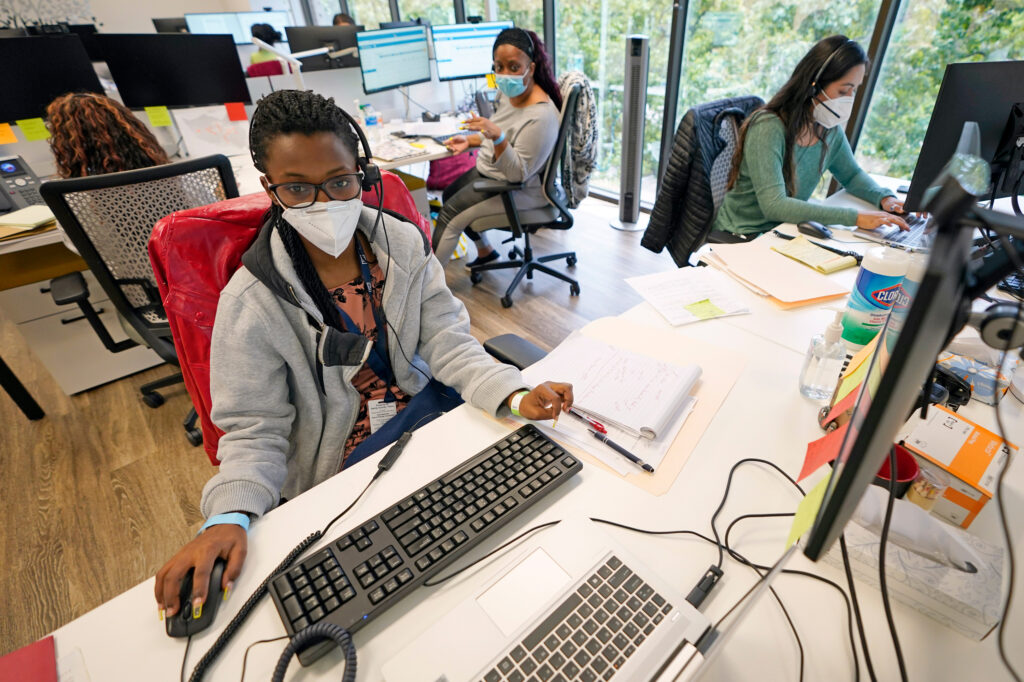 From left to right; contact tracers Christella Uwera, Dishell Freeman and Alejandra Camarillo work at Harris County Public Health Contact Tracing facility in Houston, Texas, Thursday, June 25, 2020. From left to right; contact tracers Christella Uwera, Dishell Freeman and Alejandra Camarillo work at Harris County Public Health Contact Tracing facility in Houston, Texas, Thursday, June 25, 2020. (David J. Phillip/AP Photo)