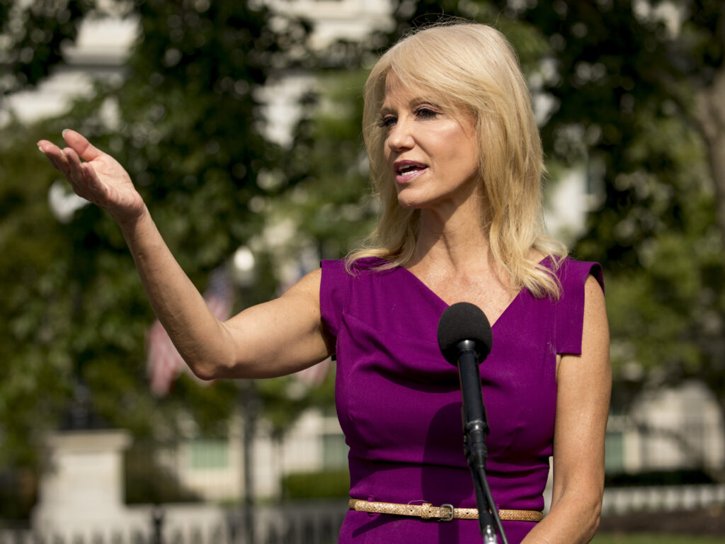 Counselor to the President Kellyanne Conway speaks to reporters outside the West Wing of the White House in Washington, D.C., earlier this month. Counselor to the President Kellyanne Conway speaks to reporters outside the West Wing of the White House in Washington, D.C., earlier this month.