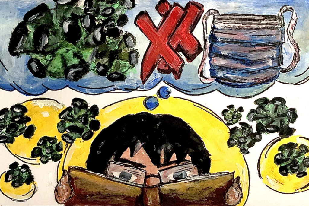 classofcovid19 An illustration of an anxious student trying to read and focus in school while thinking about coronavirus