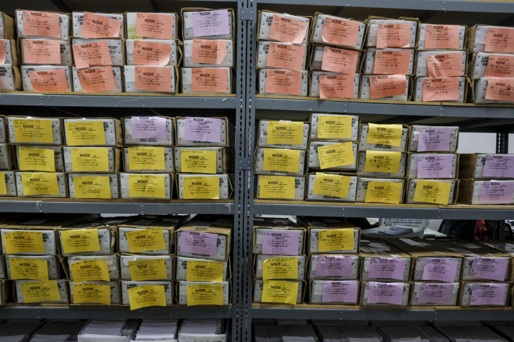 Ballots are stored at the Franklin County Board of Elections in Columbus, Ohio, on April 28, the final day of that state’s primary election. An NPR analysis finds that more than 500,000 absentee ballots were rejected in primaries this year. Ballots are stored at the Franklin County Board of Elections in Columbus, Ohio, on April 28, the final day of that state's primary election. An NPR analysis finds that more than 500,000 absentee ballots were rejected in primaries this year.
