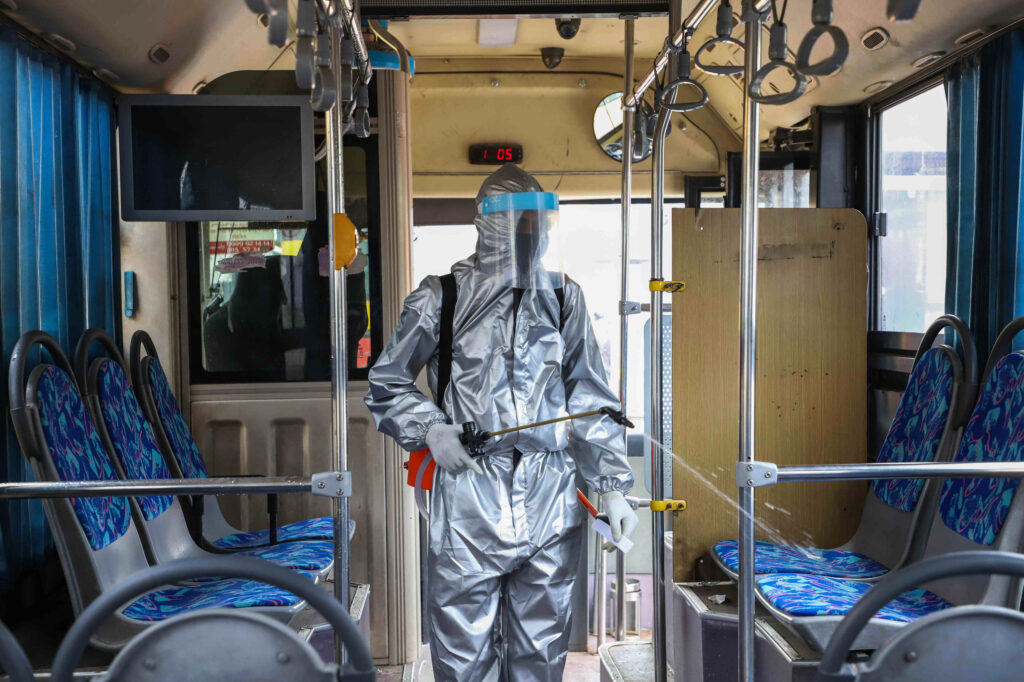 A worker disinfects the inside of a bus in Addis Ababa, Ethiopia. Transit agencies are taking new steps to reduce the risks for riders during the pandemic. A worker disinfects the inside of a bus in Addis Ababa, Ethiopia. Transit agencies are taking new steps to reduce the risks for riders during the pandemic. (Michael Tewelde/Xinhua News Agency via Getty Images)