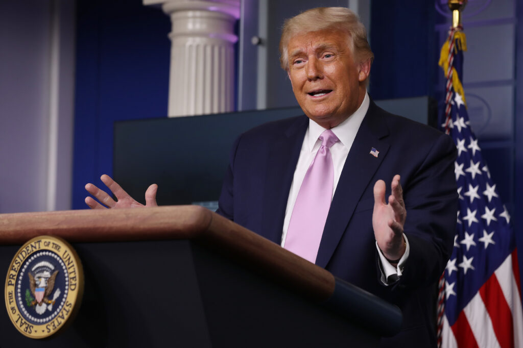 President Trump holds a press briefing Wednesday at the White House. President Donald Trump