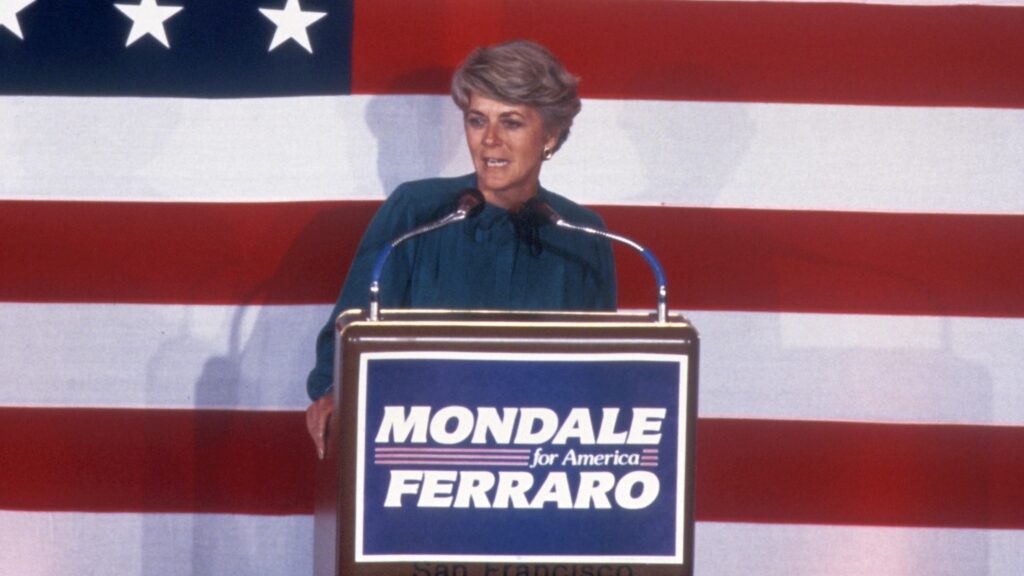 Geraldine Ferraro joined Democrat Walter Mondale’s 1984 presidential campaign when he was trailing President Reagan badly in the polls. Geraldine Ferraro joined Democrat Walter Mondale's 1984 presidential campaign when he was trailing President Reagan badly in the polls. (Sonia Moskowitz/Images/Getty Images)