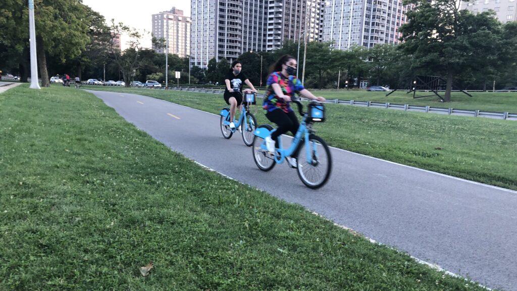 Cyclists enjoy a ride on Chicago’s Lakefront Trail on a recent evening. Biking there and all across the country is up significantly during the pandemic. Cyclists enjoy a ride on Chicago's Lakefront Trail on a recent evening. Biking there and all across the country is up significantly during the pandemic.