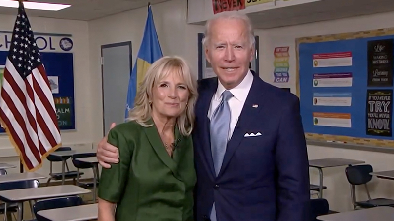 Democratic presidential nominee Joe Biden joins his wife Jill Biden in a classroom after her address to the virtual Democratic National Convention on Tuesday. Democratic presidential nominee Joe Biden joins his wife Jill Biden in a classroom after her address to the virtual Democratic National Convention on Tuesday.