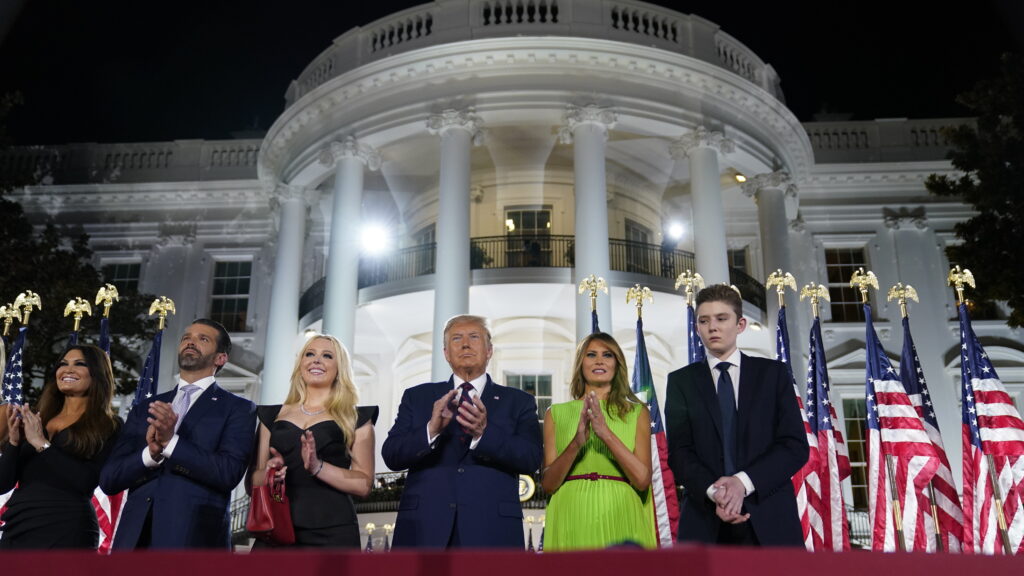 From left, Kimberly Guilfoyle, Donald Trump Jr., Tiffany Trump, President Trump, first lady Melania Trump and Barron Trump stand on the South Lawn of the White House on the last night of the Republican National Convention. From left, Kimberly Guilfoyle, Donald Trump Jr., Tiffany Trump, President Trump, first lady Melania Trump and Barron Trump stand on the South Lawn of the White House on the last night of the Republican National Convention. (Evan Vucci/AP Photo)