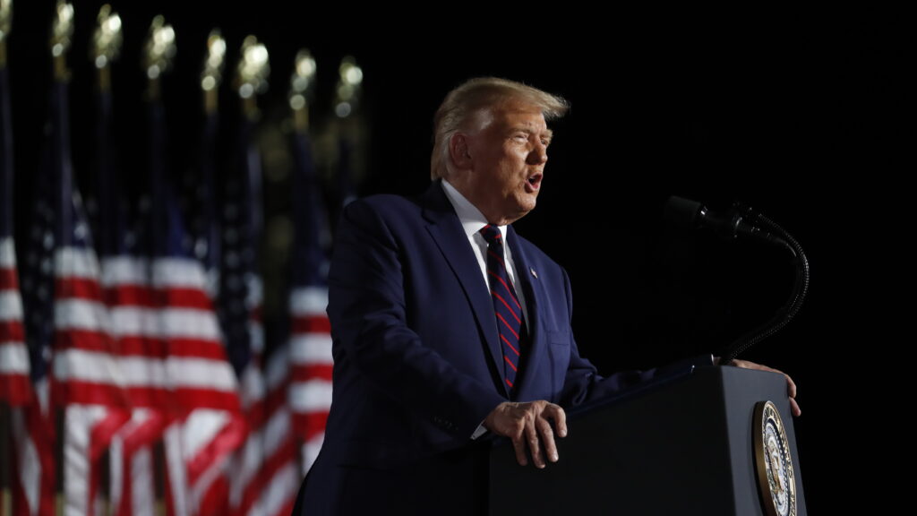 U.S. President Donald Trump speaks during the Republican National Convention on the South Lawn of the White House on Thursday. U.S. President Donald Trump speaks during the Republican National Convention on the South Lawn of the White House on Thursday. (Al Drago/Bloomberg via Getty Images)
