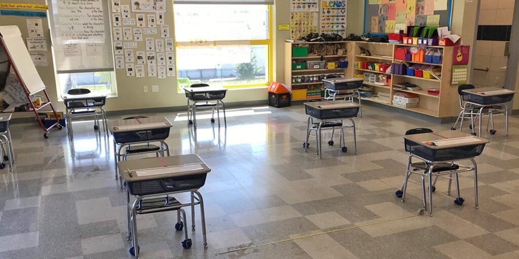 twitts camden_prep2 File photo: Desks are spaced out 6-feet apart in a classroom at Camden Prep, a charter school in Camden, New Jersey. (Avi Wolfman-Arent/WHYY)