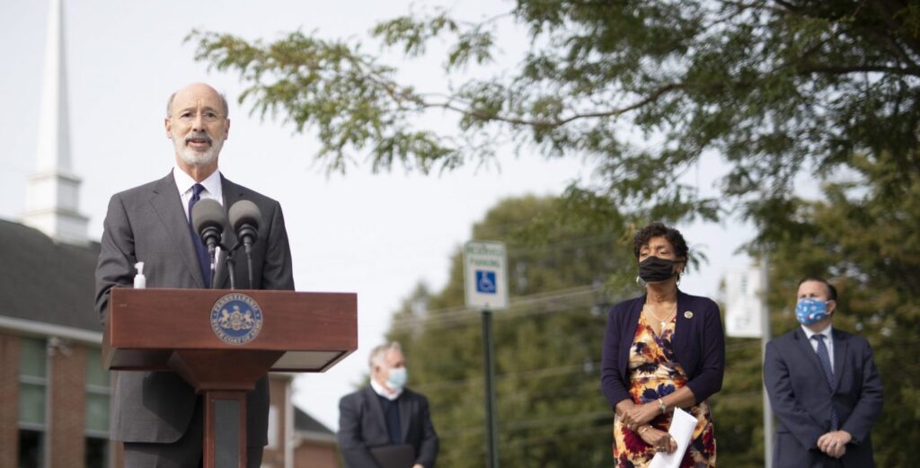 50345287773_ba30011846_o-e1600211522695-1920×778 (1) Pennsylvania Governor Tom Wolf speaking to the press outside York Grace Brethren Church in York, on Tuesday, Sept. 15. Wolf was urging immediate legislative action on voting rules ahead of the presidential election Nov. 3. (Commonwealth Media Services)