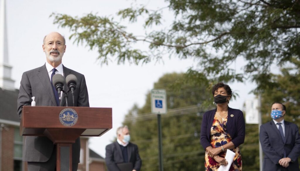 50345287773_ba30011846_o-e1600211522695-1920×778 Pennsylvania Gov. Tom Wolf speaks to the press in York on Sept. 14, 2020. (Commonwealth Media Services)