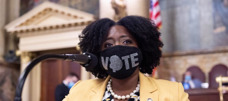 Rep. Joanna McClinton (D, Delaware County) gives remarks on the floor of the Pennsylvania House. (Courtesy of Wesley Anderson)