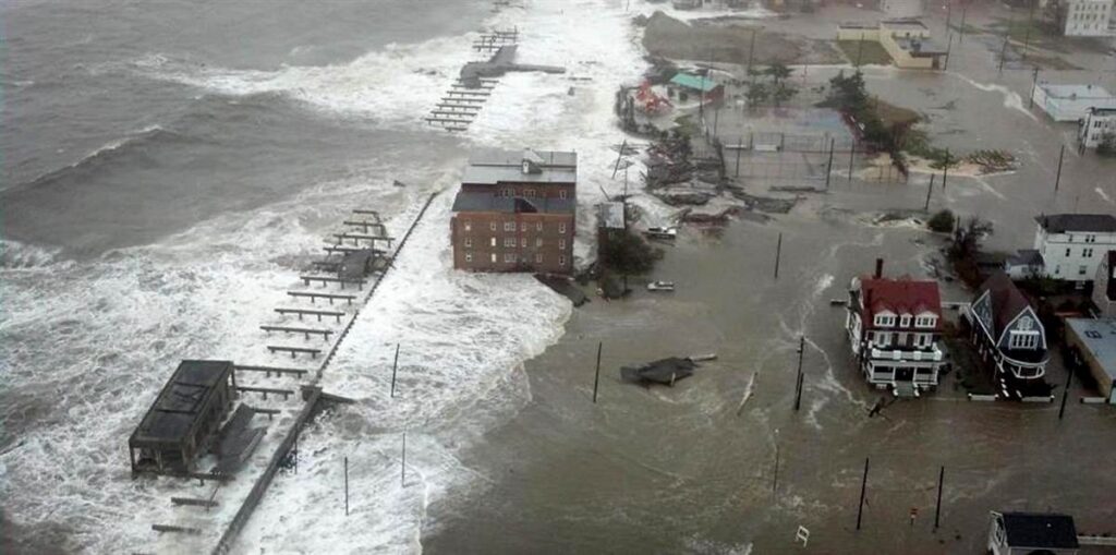 ACSandy Water from Absecon Inlet washes over the north end of Atlantic City during Superstorm Sandy in 2012. (Courtesy of the Atlantic County Office of Emergency Management)