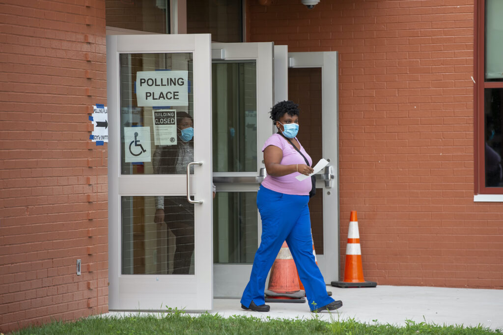 Election 2020 Delaware Primary A person walks out of a polling station