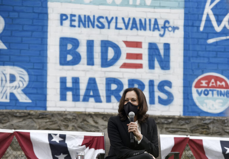 Democratic vice presidential candidate Sen. Kamala Harris, D-Calif., participates in the Sister to Sister Mobilization in Action event during a campaign stop, Thursday, Sept. 17, 2020, in Philadelphia. (AP Photo/Michael Perez)