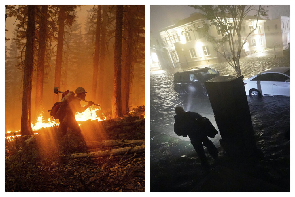 Climate Dry And Wet This combination of photos shows a firefighter at the North Complex Fire in Plumas National Forest, Calif., on Monday, Sept. 14, 2020, left, and a person using a flashlight on flooded streets in search of their vehicle, Wednesday, Sept. 16, 2020, in Pensacola, Fla. In the past week, swaths of the country have been burning and flooding in devastating extreme weather disasters. (AP Photo/Noah Berger, Gerald Herbert)