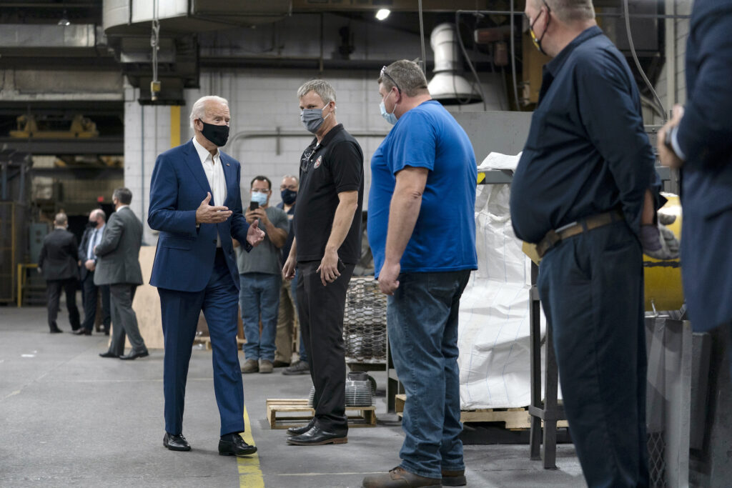 Joe Biden Democratic presidential candidate former Vice President Joe Biden tours the Wisconsin Aluminum Foundry in Manitowoc, Wis., Monday, Sept. 21, 2020. (AP Photo/Carolyn Kaster)