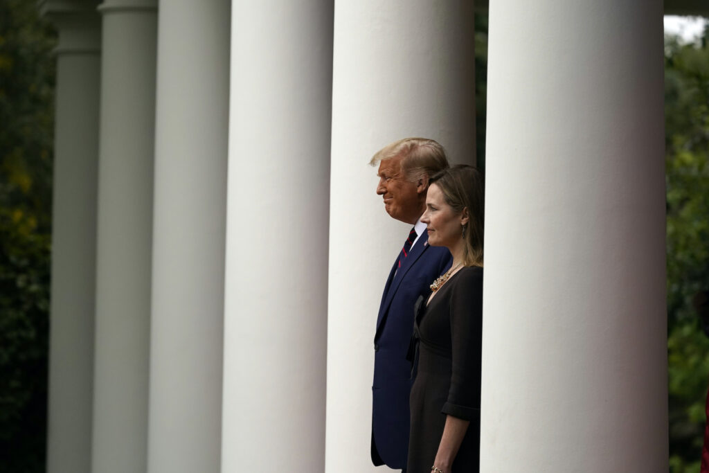 Donald Trump President Donald Trump walks with Judge Amy Coney Barrett to a news conference to announce Barrett as his nominee to the Supreme Court, in the Rose Garden at the White House, Saturday, Sept. 26, 2020, in Washington. (AP Photo/Alex Brandon)