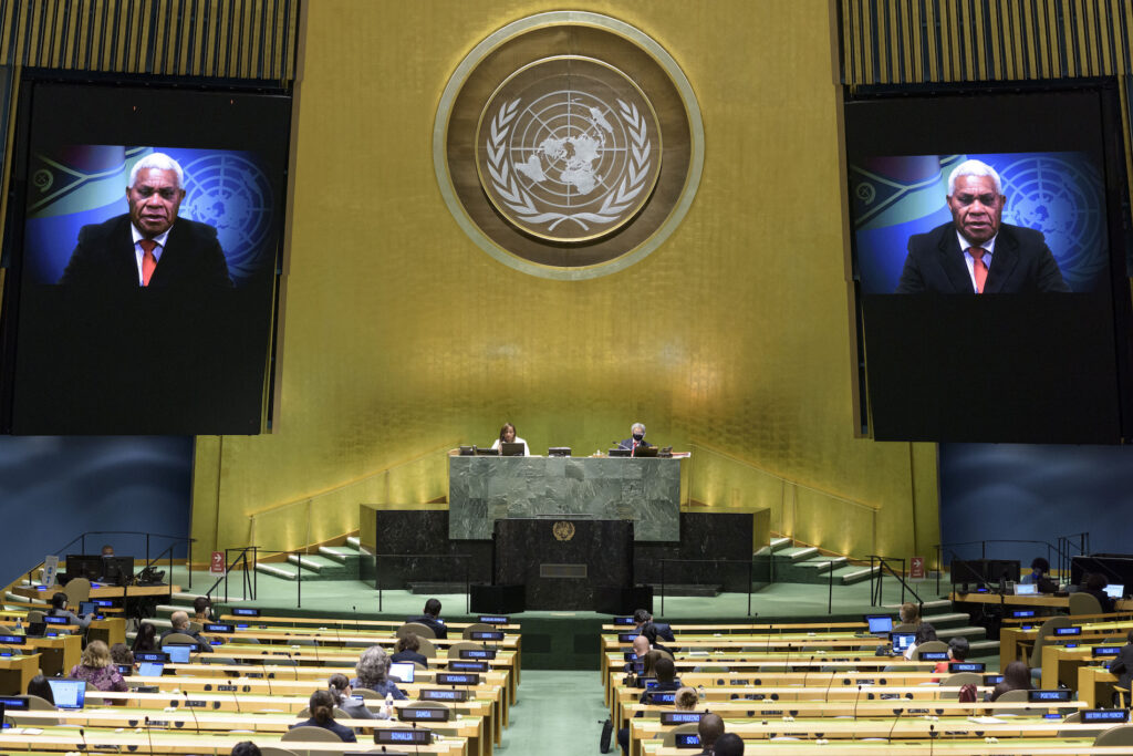 United Nations General Assembly In this photo provided by the United Nations, Bob Loughman, prime minister of Vanuatu, speaks in a pre-recorded message which was played during the 75th session of the United Nations General Assembly, Saturday, Sept. 26, 2020, at U.N. headquarters. (Manuel Elias/UN Photo via AP)