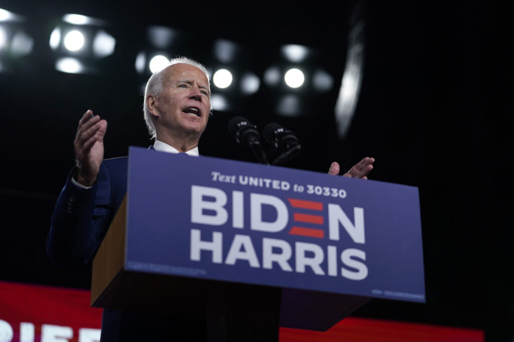 Democratic presidential candidate former Vice President Joe Biden speaks in Wilmington, Del., Wednesday, Sept. 2, 2020, about school reopenings. (AP Photo/Carolyn Kaster)