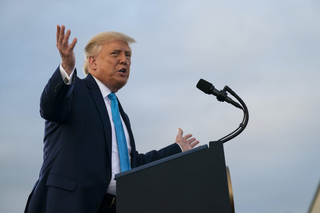 President Donald Trump speaks during a campaign rally at Arnold Palmer Regional Airport, Thursday, Sept. 3, 2020, in Latrobe, Pa. (AP Photo/Evan Vucci)