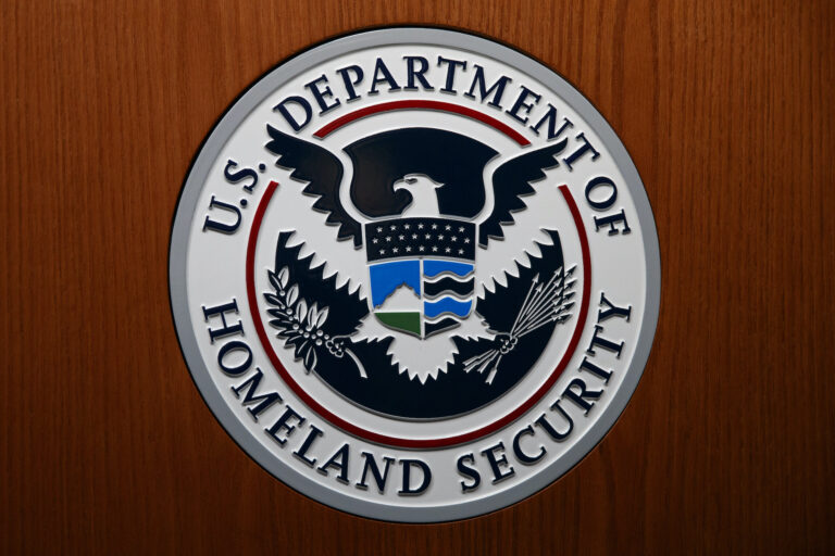 In this June 28, 2019, file photo the Department of Homeland Security (DHS) seal is seen during a news conference in Washington. (AP Photo/Carolyn Kaster)