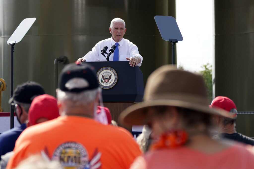AP_20253732062193-1920×1280 Vice President Mike Pence speaks at a campaign event at a PennEnergy Resources site on Wednesday Sept. 9. 2020, in Freedom, Pa. (Keith Srakocic / AP Photo)