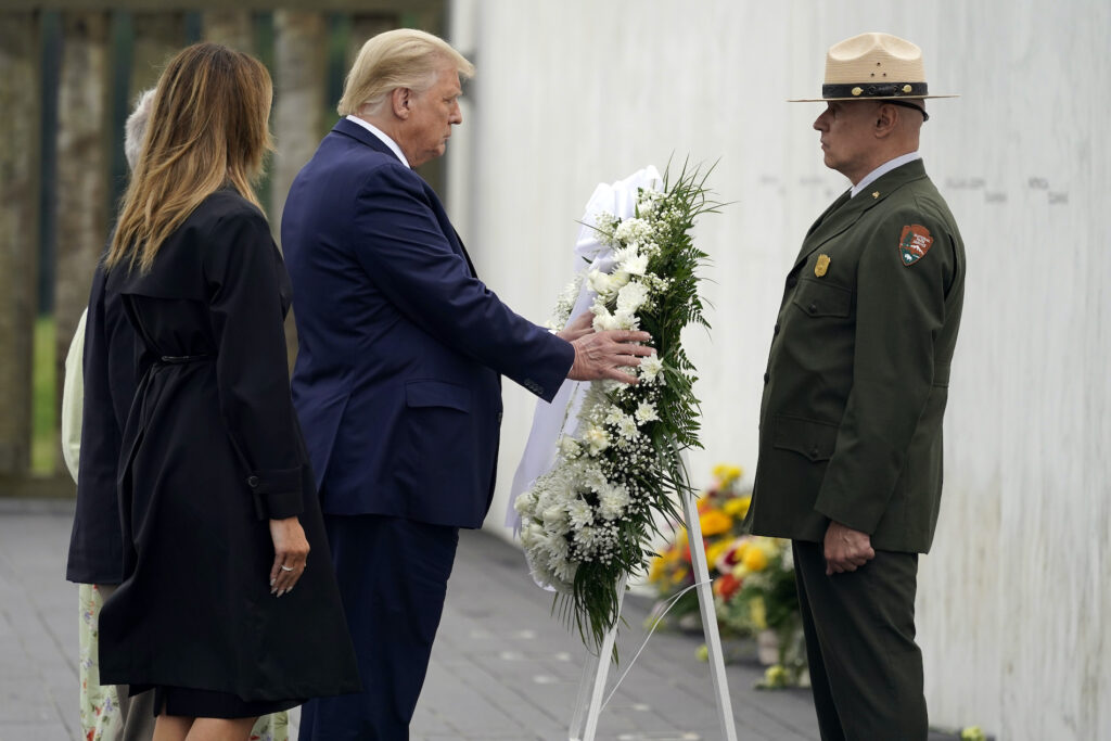 Donald Trump President Donald Trump lays a wreath at a 19th anniversary observance of the Sept. 11 terror attacks, at the Flight 93 National Memorial in Shanksville, Pa., Friday, Sept. 11, 2020. (AP Photo/Alex Brandon)