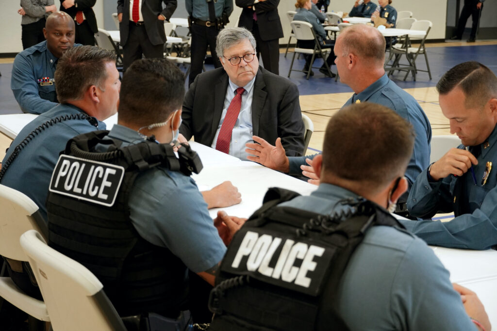 Attorney General William Barr participates in a roll call with police officers from the Kansas City Police Department Attorney General William Barr participates in a roll call with police officers from the Kansas City Police Department