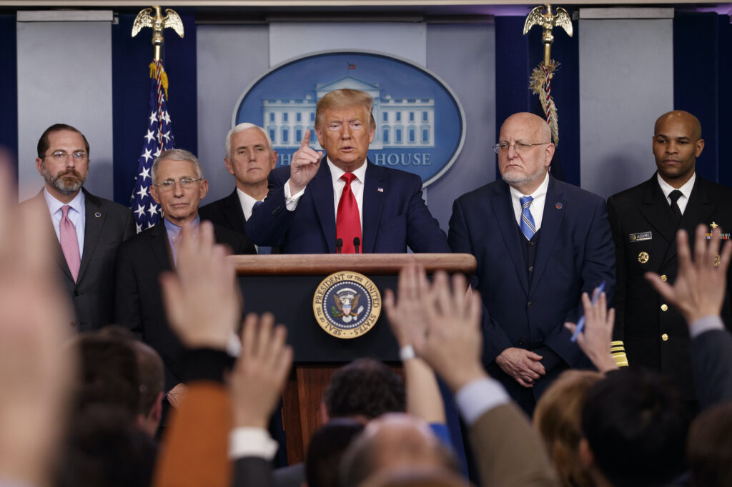 Donald Trump, Mike Pence, Alex Azar, Anthony Fauci, Robert Redfield, Jerome Adams Donald Trump, Mike Pence, Alex Azar, Anthony Fauci, Robert Redfield, Jerome Adams