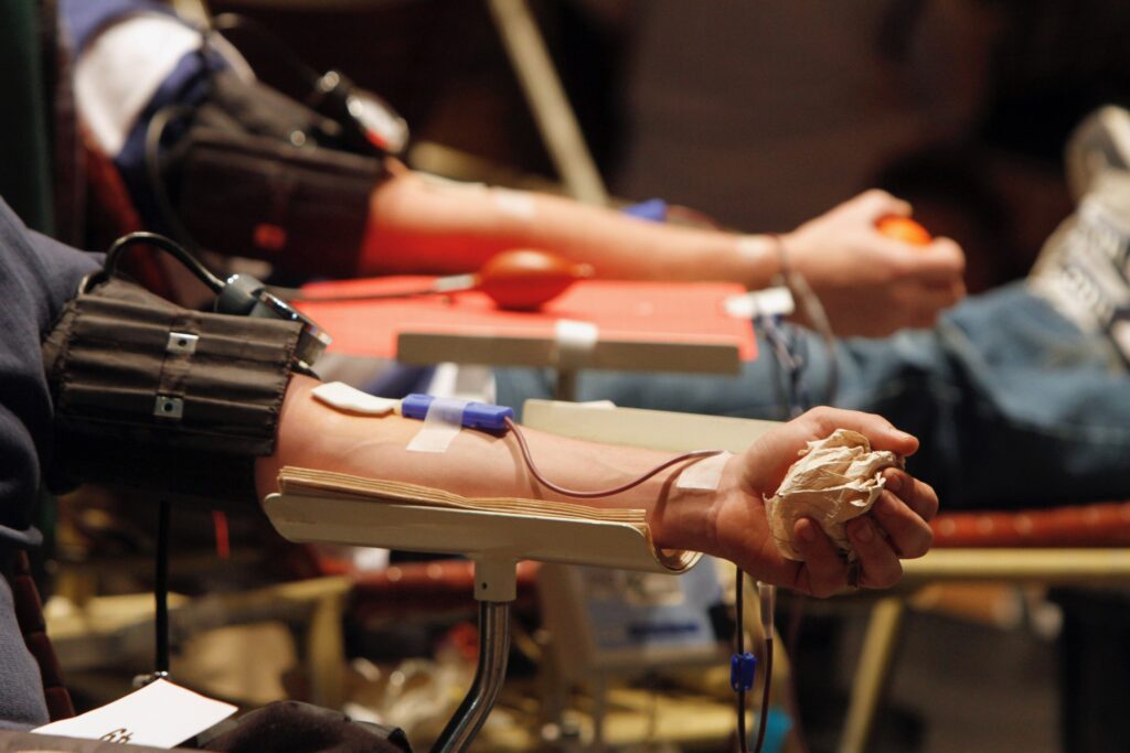 Blood Donations-Gay Men Donors give blood at a drive in Rutland, Vermont. (AP Photo/Toby Talbot, File)