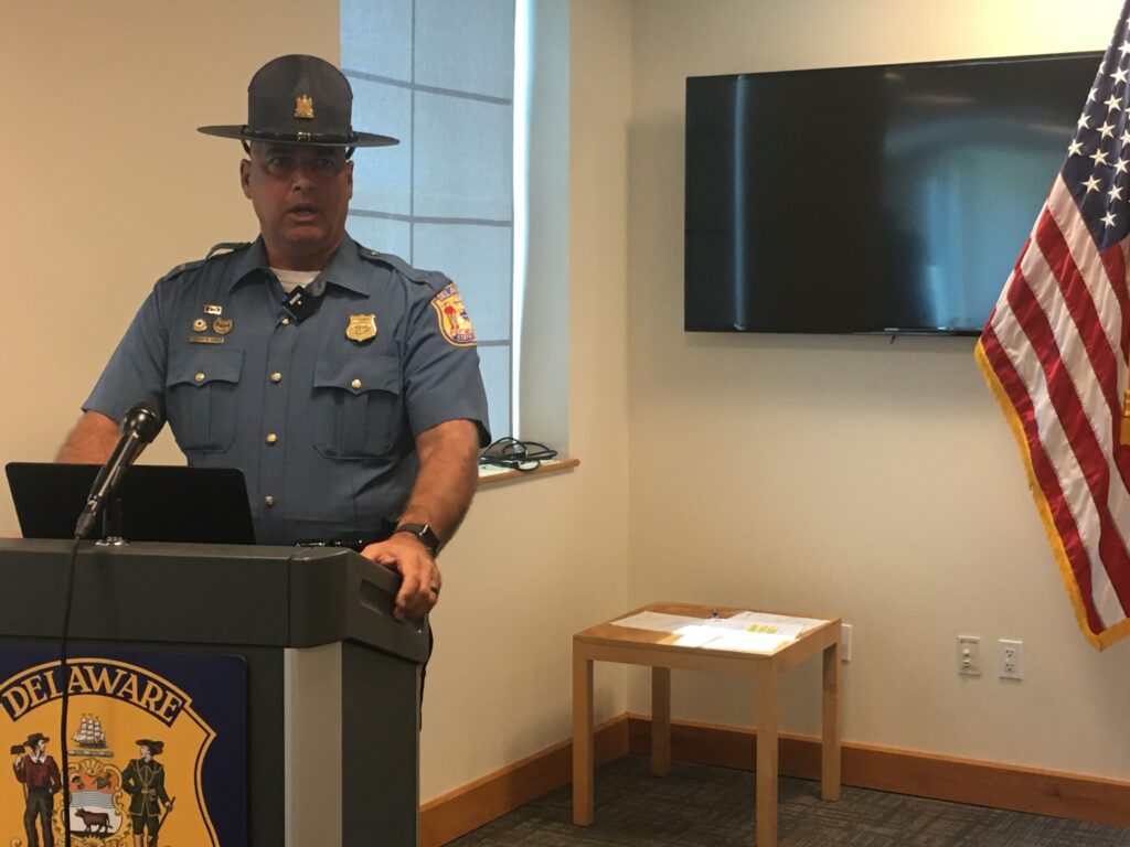 IMG_8421 State Police Lt. Robert Jones talks about the largest fentanyl seizure in Delaware history at a press conference inside State Police Troop #2 in Glasgow. (Mark Eichmann/WHYY)