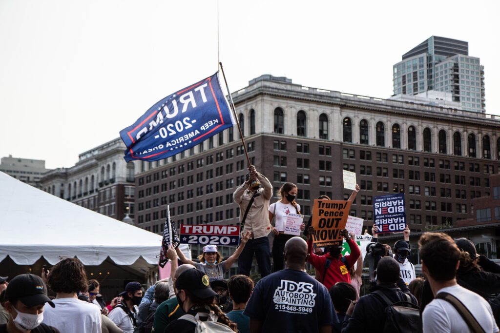 Image from iOS (141) Trump supporters and protesters clashed on Independence Mall ahead of a visit from President Trump. (Kimberly Paynter/WHYY)