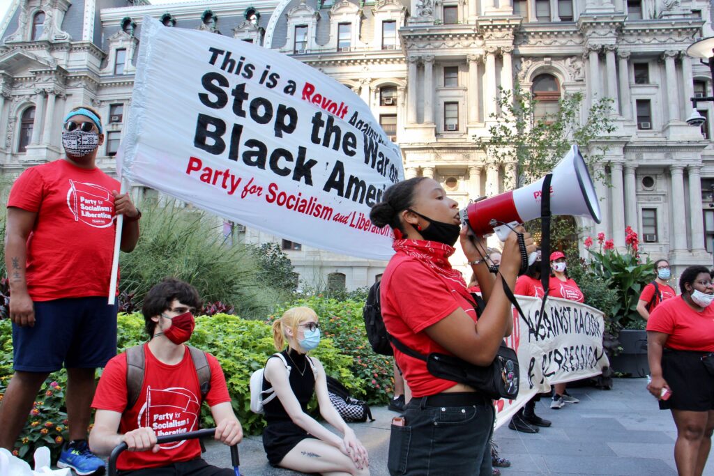 More than 200 gather at City Hall to protest police violence during a Justice for Jacob Blake rally. (Emma Lee/WHYY)