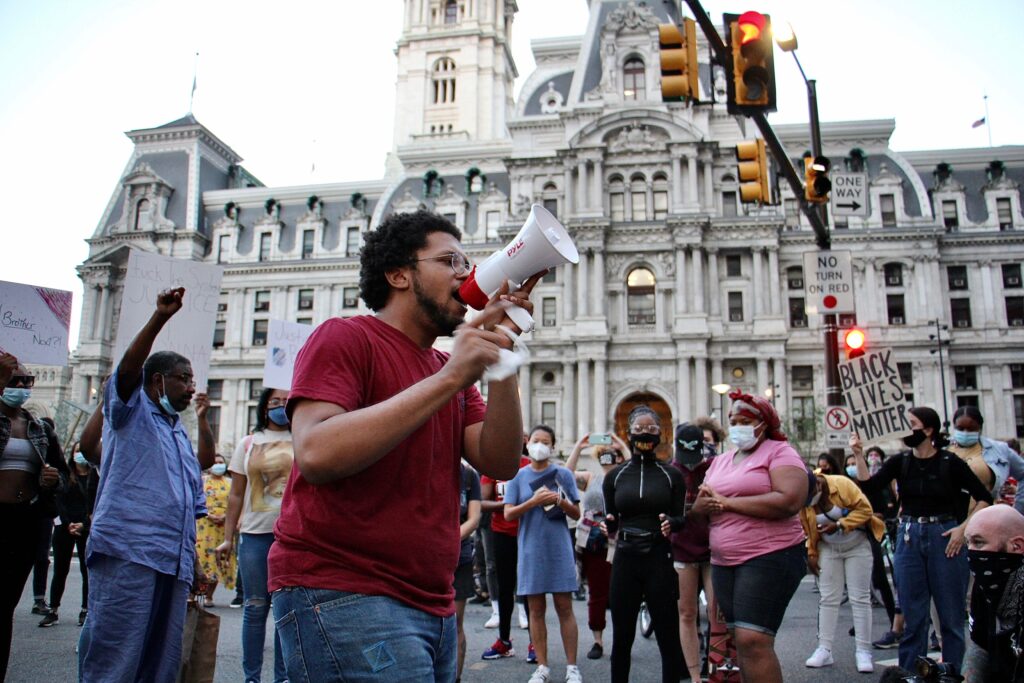 Protesters occupy Market Street in front of City Hall. Protesters occupy Market Street in front of City Hall.