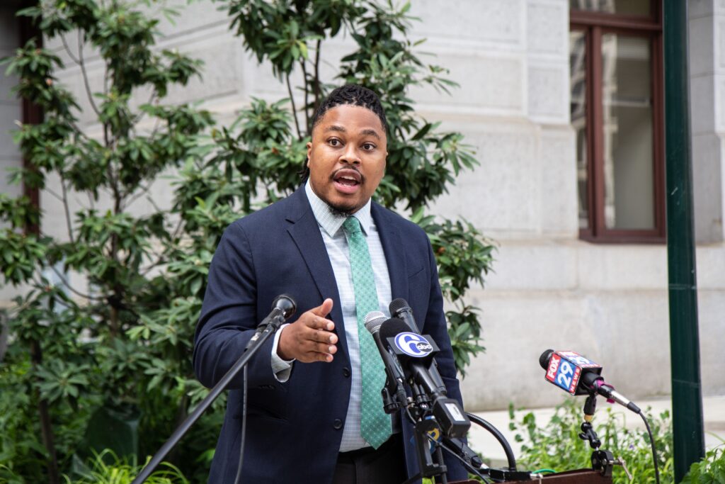 Image from iOS (162) In this file photo, Pa. State Representative Malcolm Kenyatta urges voters to wake-up to voter suppression tactics before the 2020 election. (Kimberly Paynter/WHYY)