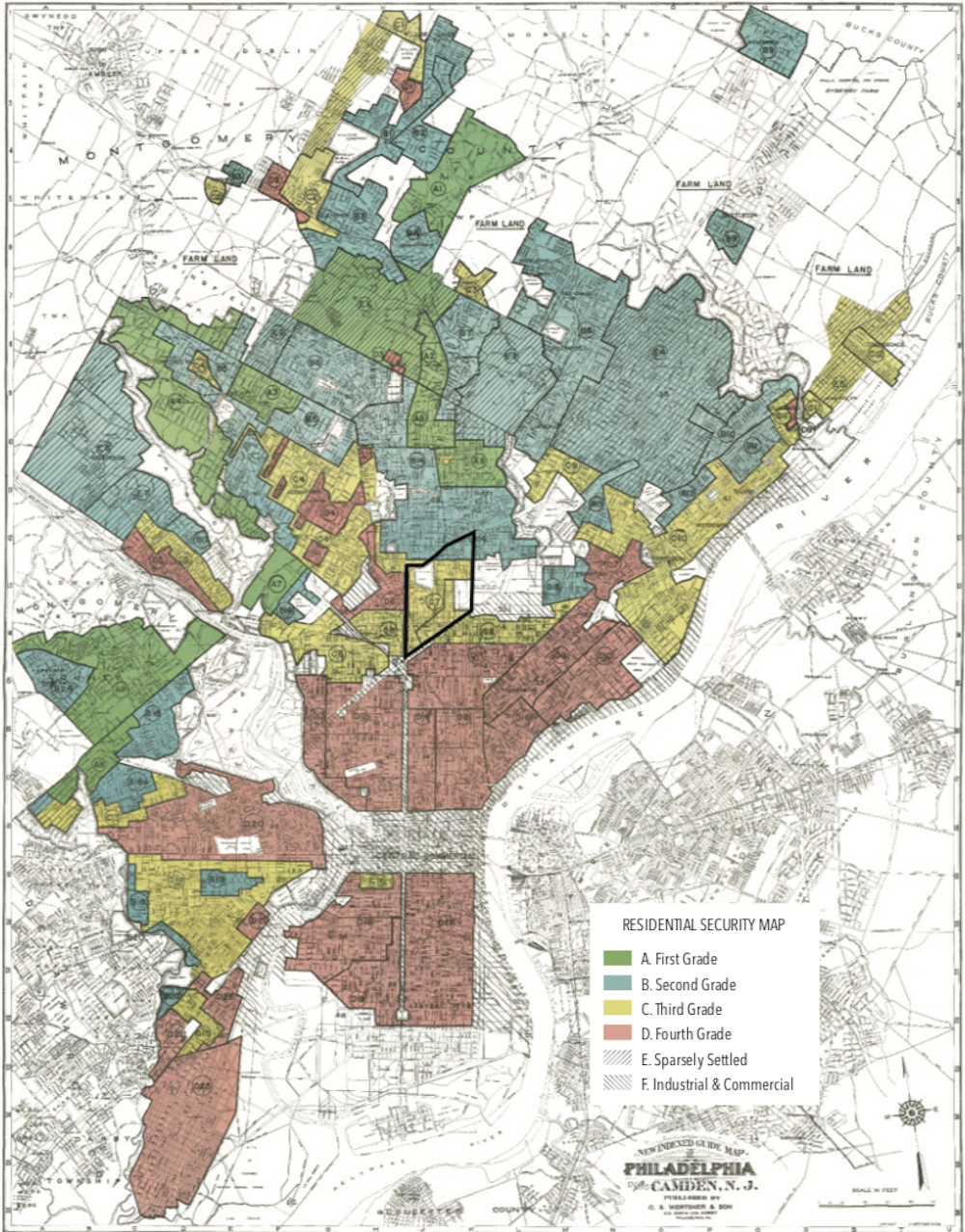 A 1940 Home Owners Loan Corporation redlining map of Philadelphia with Hunting Park outlined