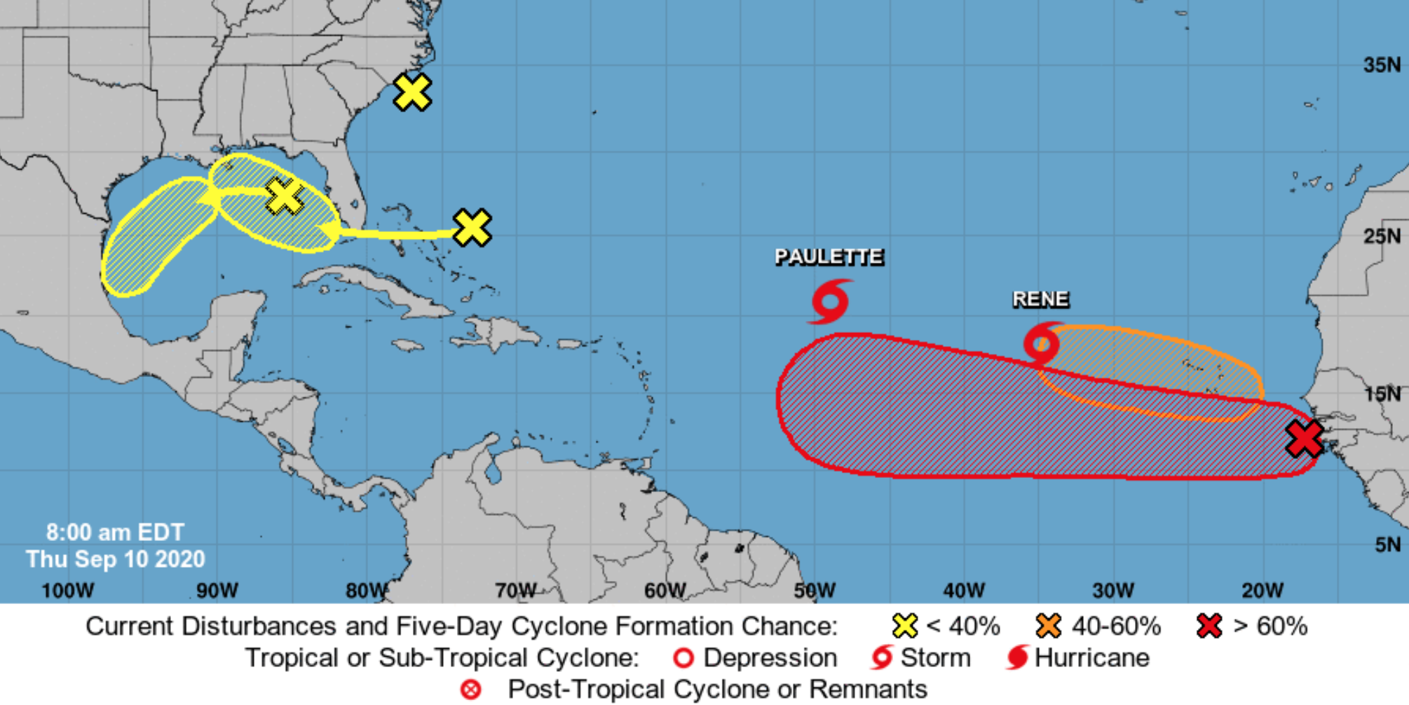 A graphical overview of active cyclones and areas under monitoring for potential storm development on Thursday, Sept. 10