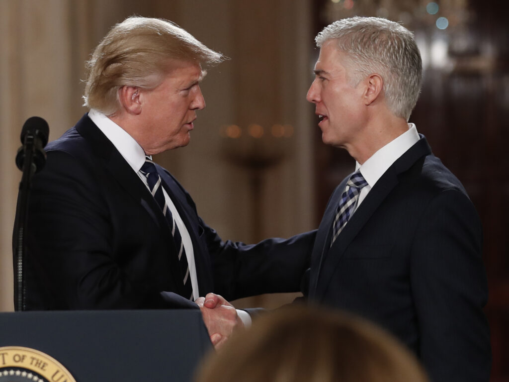 President Trump shakes hands with Neil Gorsuch, his first pick for a spot on the U.S. Supreme Court, on Jan. 31, 2017. The president will likely have the opportunity to name a replacement for Justice Ruth Bader Ginsburg, who died Friday. President Trump shakes hands with Neil Gorsuch, his first pick for a spot on the U.S. Supreme Court, on Jan. 31, 2017. The president will likely have the opportunity to name a replacement for Justice Ruth Bader Ginsburg, who died Friday. (Carolyn Kaster/AP Photo)