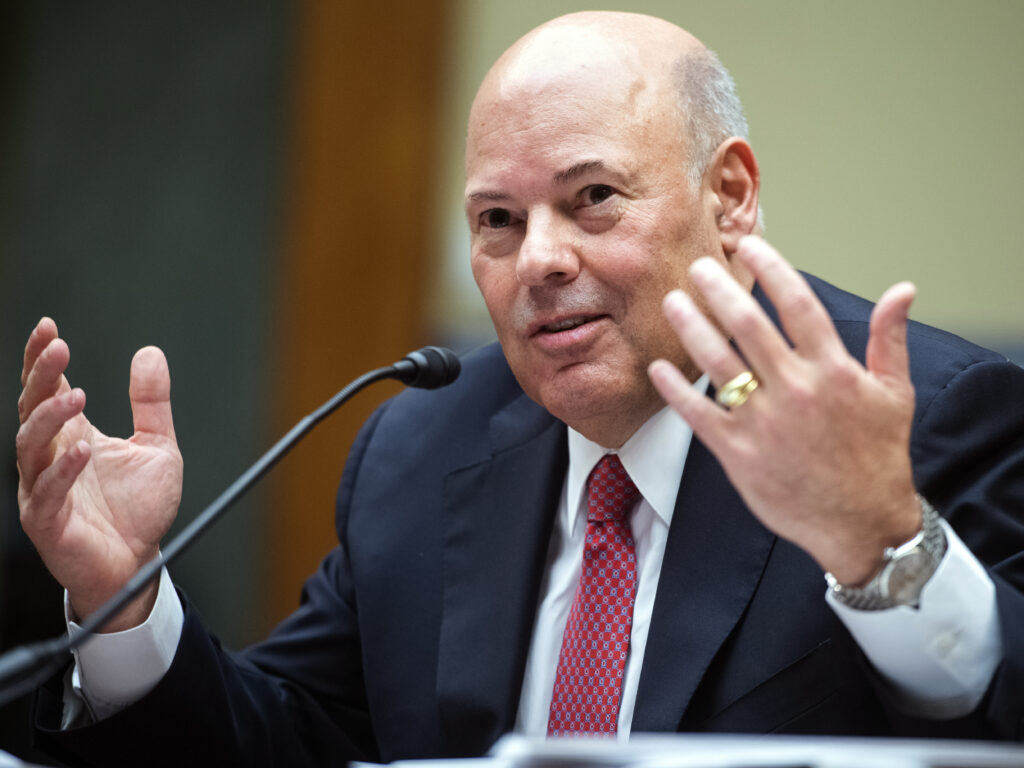 Postmaster General Louis DeJoy, shown last month during a House Oversight and Reform Committee hearing, is now under investigation by that committee. (Tom Williams/Pool via AP)