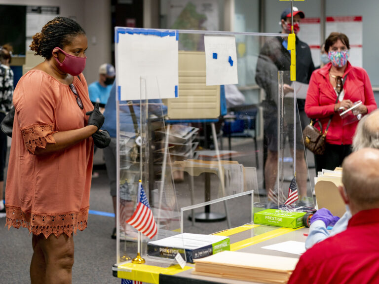 A voter waits to be handed her ballot