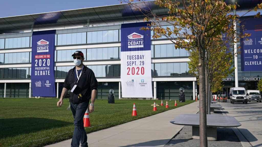 Preparations take place on Sunday outside the Sheila and Eric Samson Pavilion in Cleveland ahead of the first presidential debate, scheduled for Tuesday. Preparations take place on Sunday outside the Sheila and Eric Samson Pavilion in Cleveland ahead of the first presidential debate, scheduled for Tuesday.