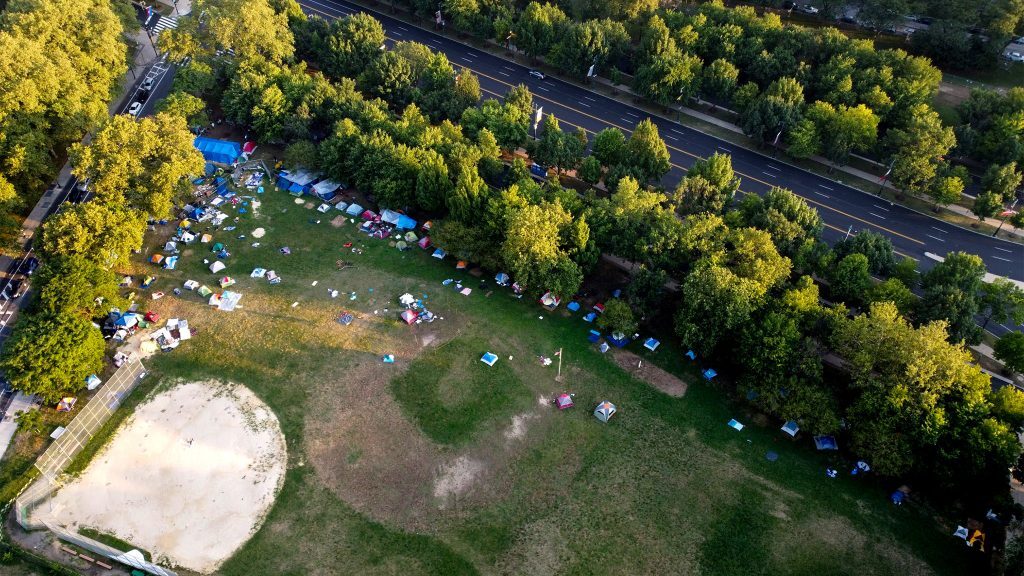The encampment at Von Colln Field on the Ben Franklin Parkway, seen from above in late July. (Mark Henninger/Imagic Digital)