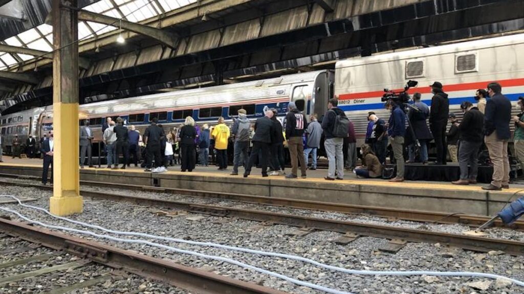 Joe Biden after his train rolled into Pittsburgh on Sept. 30, 2020. (Lucy Perkins / WESA)