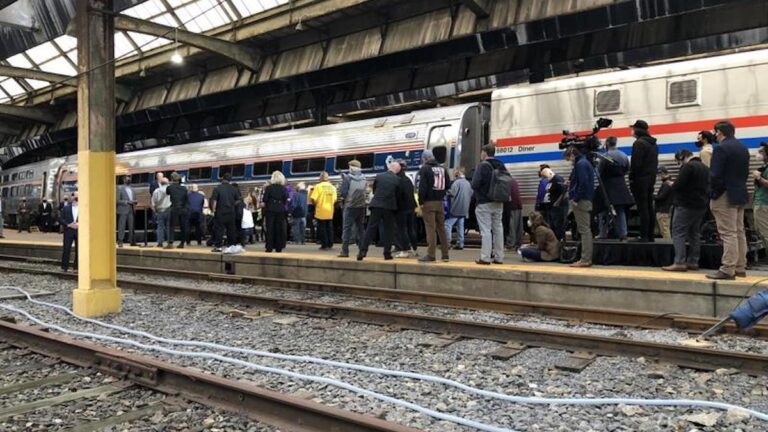 Joe Biden after his train rolled into Pittsburgh on Sept. 30, 2020. (Lucy Perkins / WESA)