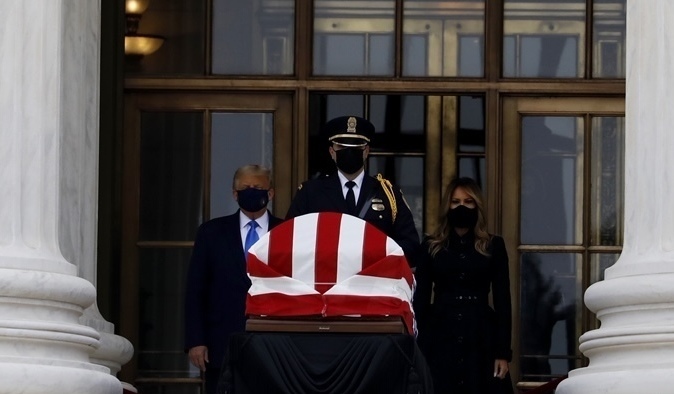 President Trump and first lady Melania Trump pay their respects to the late Justice Ruth Bader Ginsburg as she lies in repose at the U.S. Supreme Court. President Trump and first lady Melania Trump pay their respects to the late Justice Ruth Bader Ginsburg as she lies in repose at the U.S. Supreme Court.