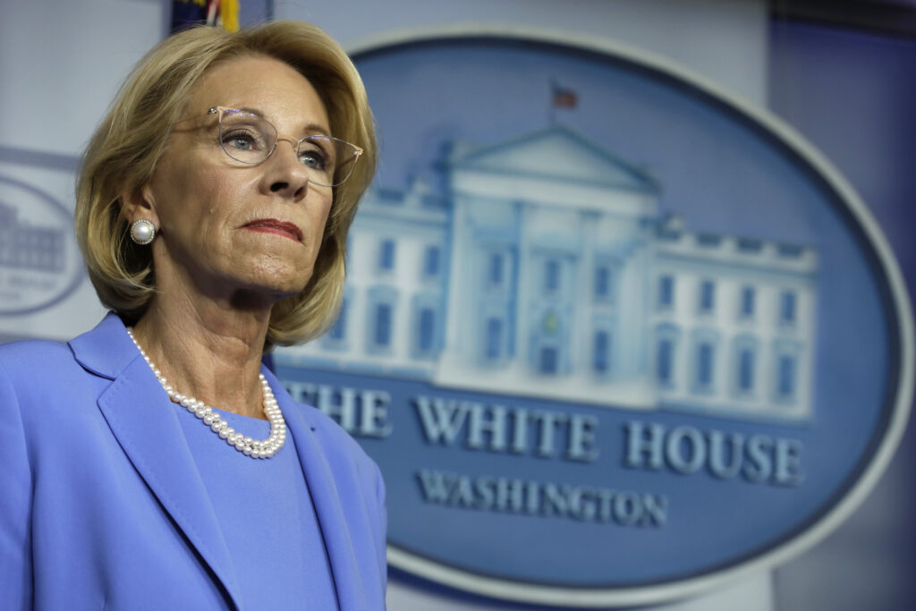 U.S. Education Secretary Betsy DeVos backed a rule that would have increased private schools’ share of CARES Act dollars from $127 million to $1.5 billion, according to one analysis. U.S. Education Secretary Betsy DeVos backed a rule that would have increased private schools' share of CARES Act dollars from $127 million to $1.5 billion, according to one analysis. (Yuri Gripas/Abaca Press/Bloomberg via Getty Images)