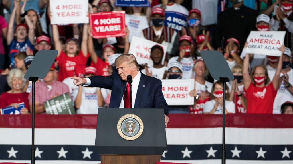 President Trump addresses the crowd during a campaign rally Tuesday at Smith Reynolds Airport in Winston Salem, N.C. (Sean Rayford/Getty Images)